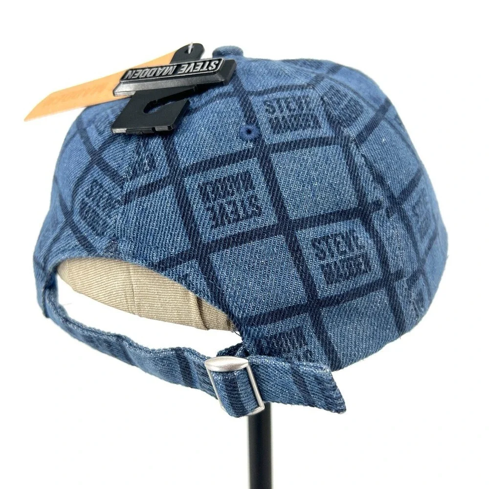 Steve‎ Madden Dark Denim Baseball Hat Womens Multi-Logo Strapback Hat Blue NWT